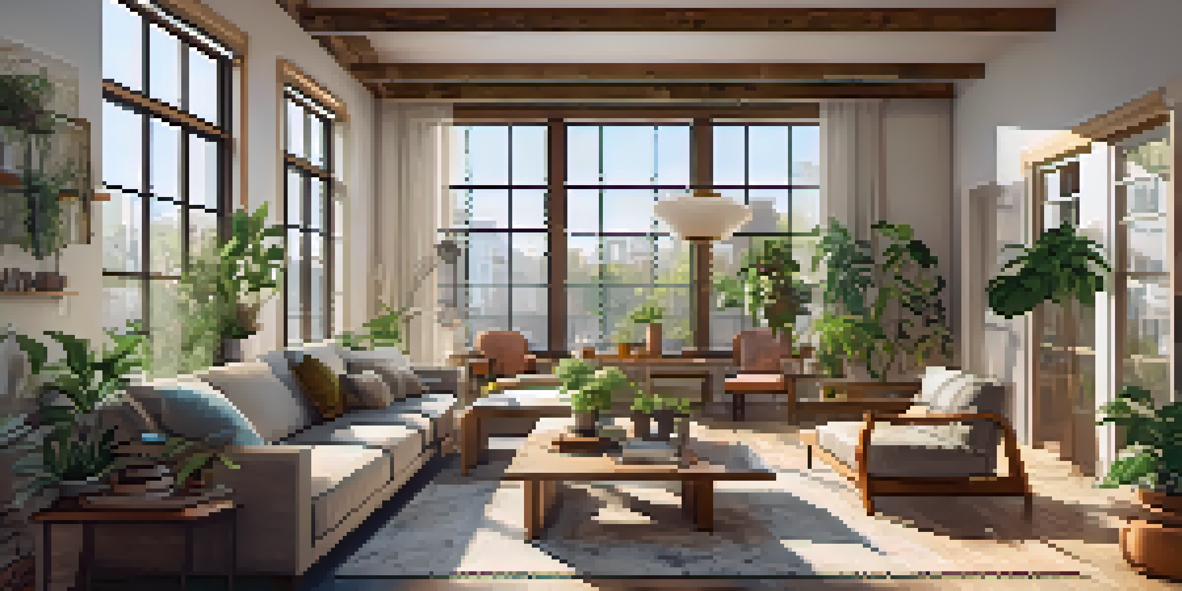 A bright and cozy urban living room with large windows, reclaimed wood furniture, and indoor plants, designed to maximize natural light.