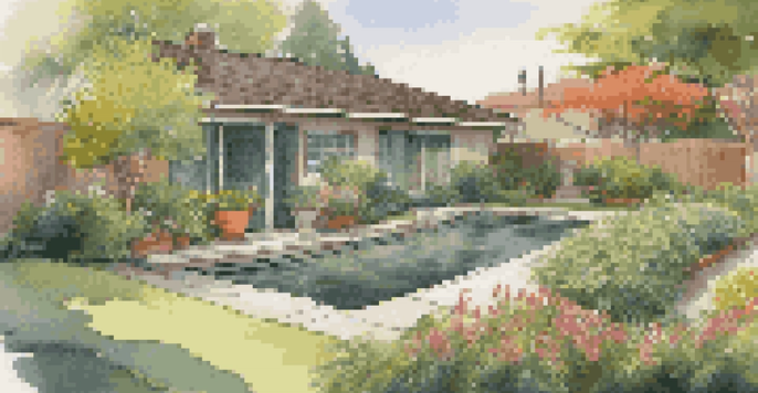 A backyard with a rainwater harvesting system, showcasing a clear storage tank and lush greenery under sunlight.