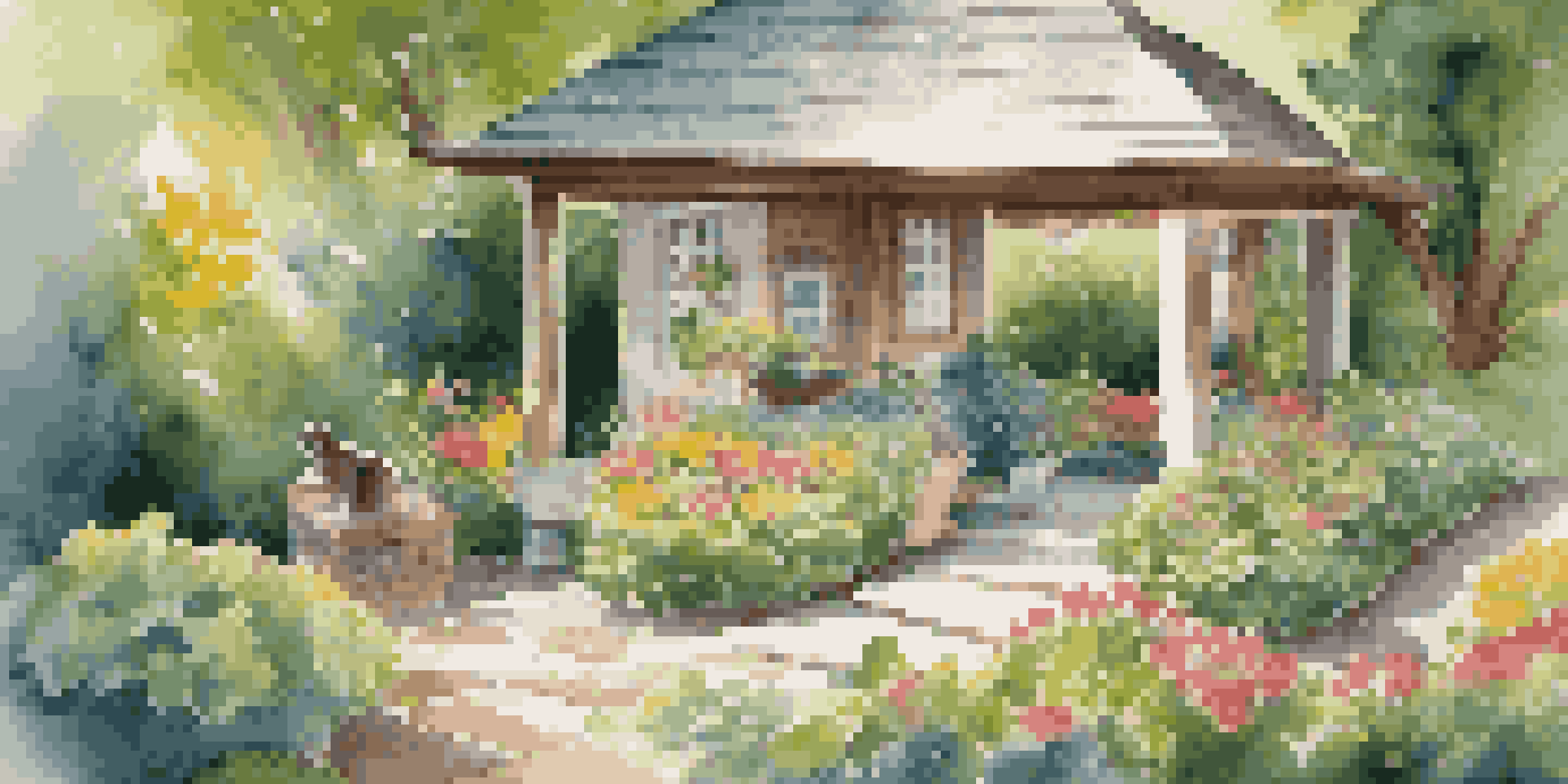 A shaded pet house in a garden with a comfortable bed and surrounded by greenery and flowers, illuminated by sunlight.