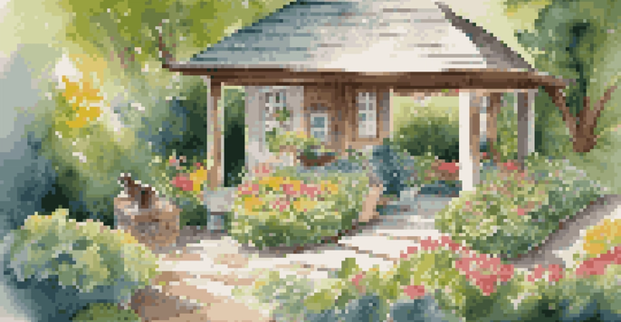 A shaded pet house in a garden with a comfortable bed and surrounded by greenery and flowers, illuminated by sunlight.