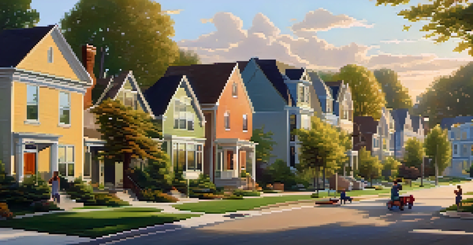 A peaceful suburban neighborhood with diverse architectural styles, including traditional homes and modern apartments, illuminated by warm sunlight.
