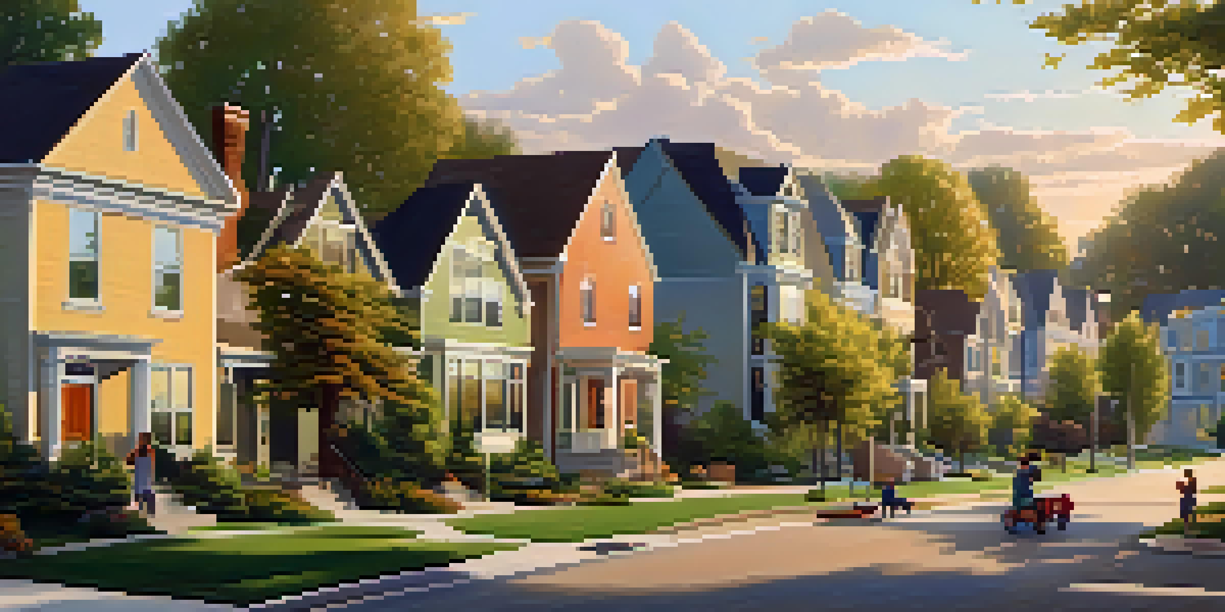 A peaceful suburban neighborhood with diverse architectural styles, including traditional homes and modern apartments, illuminated by warm sunlight.