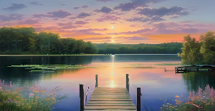 A beautiful sunset over a calm lake, with a wooden dock and vibrant wildflowers in the foreground.