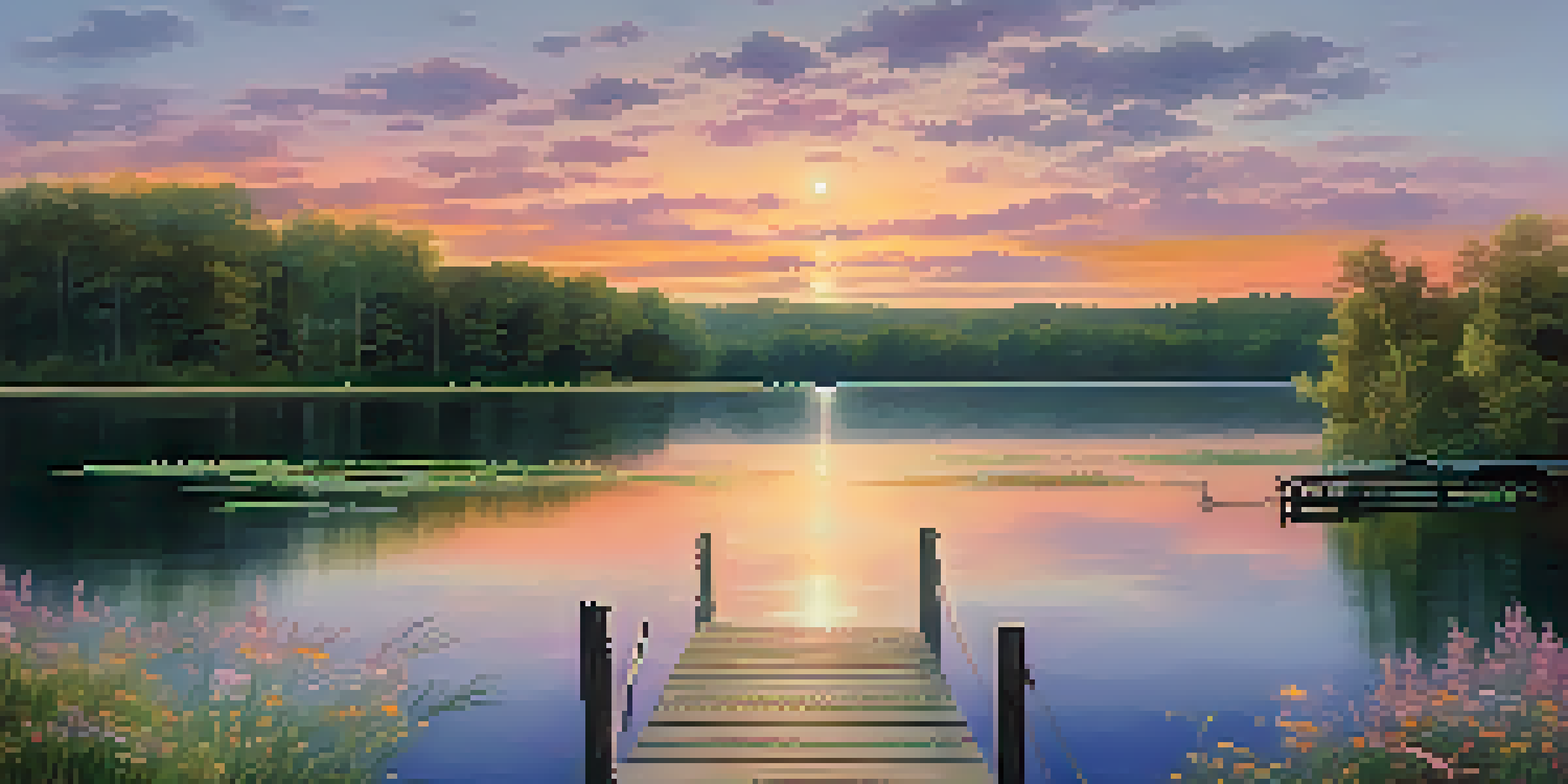 A beautiful sunset over a calm lake, with a wooden dock and vibrant wildflowers in the foreground.