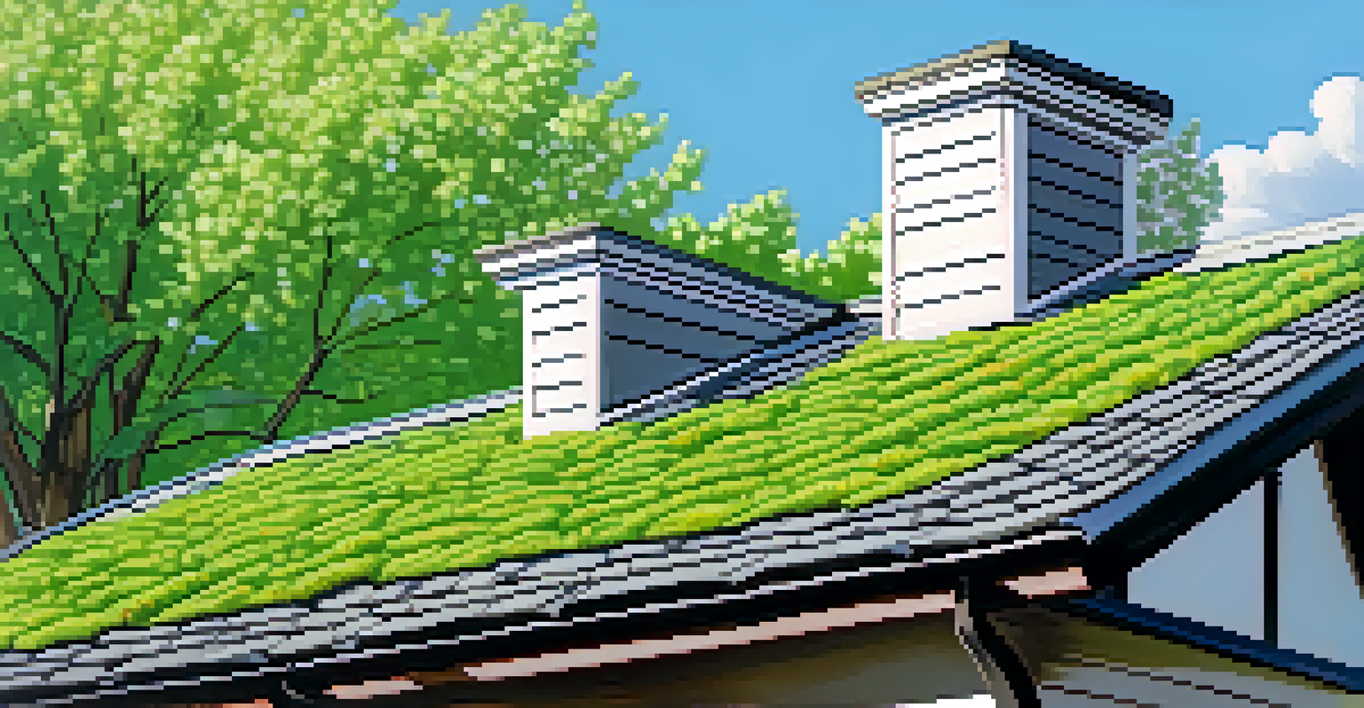 A close-up view of a well-maintained roof surrounded by green leaves and blooming flowers under a clear blue sky.