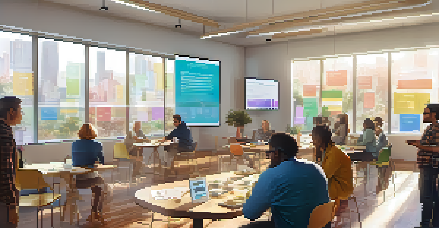 A community workshop with residents discussing smart city initiatives in a bright, open space with charts and digital displays.