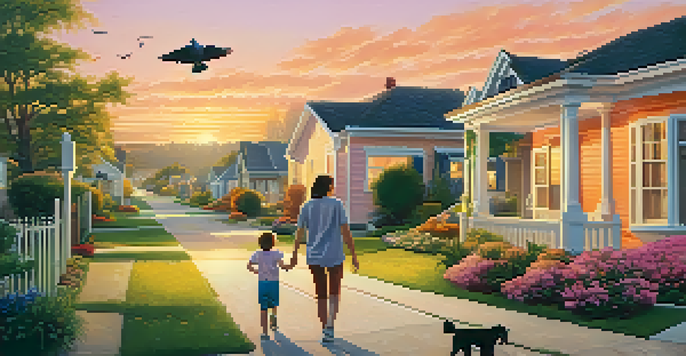 A peaceful suburban neighborhood at sunset with houses, gardens, and a couple walking with a child and dog.