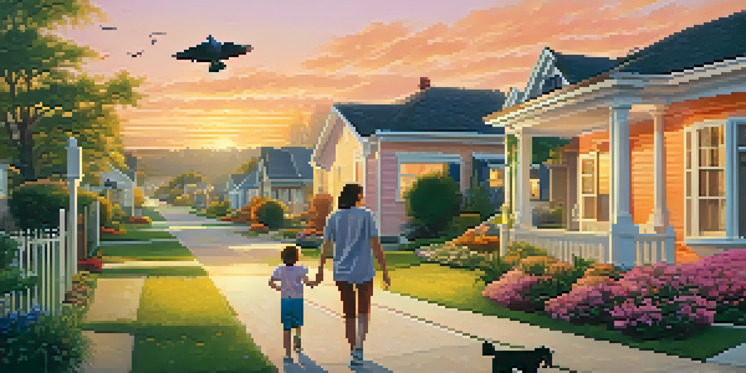 A peaceful suburban neighborhood at sunset with houses, gardens, and a couple walking with a child and dog.