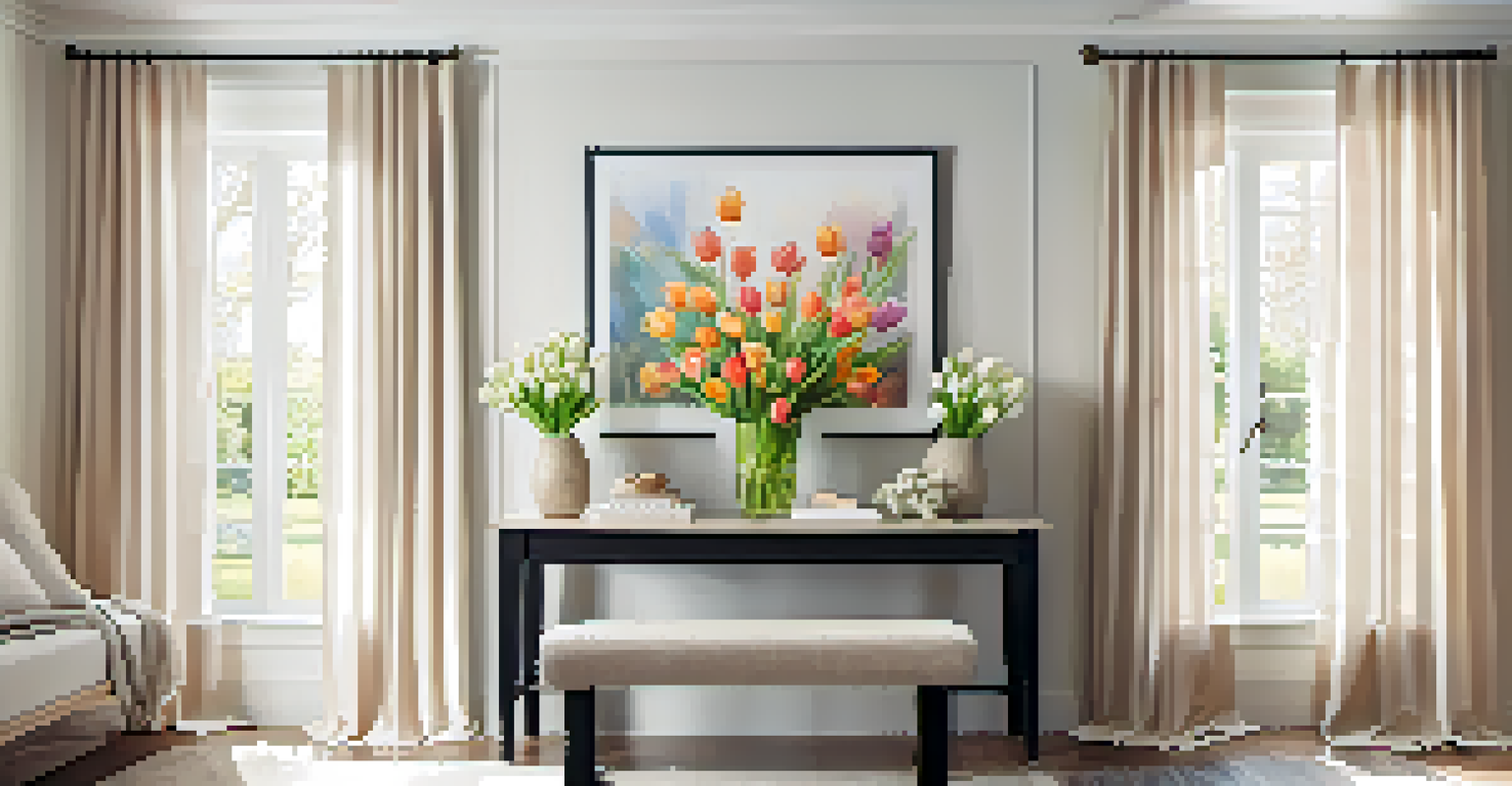 A lively spring entryway featuring floral artwork, pastel textiles, and blooming tulips, enhanced by natural light.