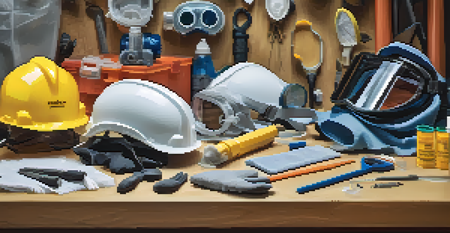An assortment of personal protective equipment arranged on a workbench.