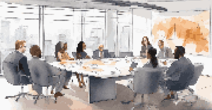 A diverse group of people engaged in a discussion about real estate investment strategies around a conference table.