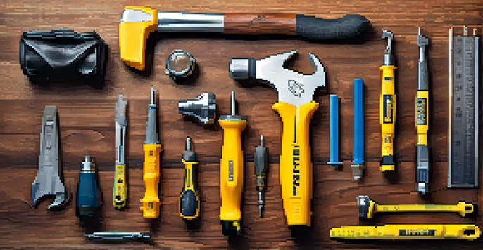 A close-up view of a neatly arranged DIY toolkit on a wooden workbench, featuring a claw hammer, screwdrivers, measuring tape, and safety gear.