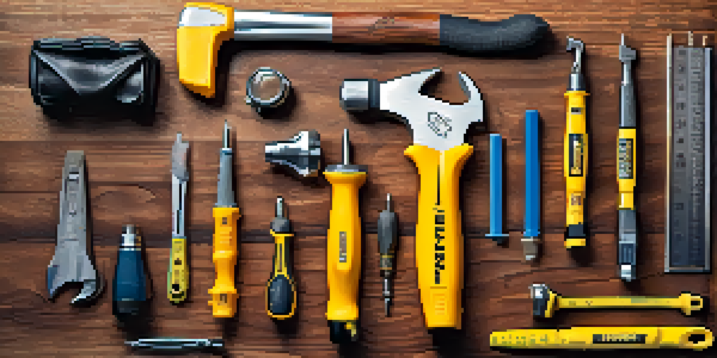 A close-up view of a neatly arranged DIY toolkit on a wooden workbench, featuring a claw hammer, screwdrivers, measuring tape, and safety gear.
