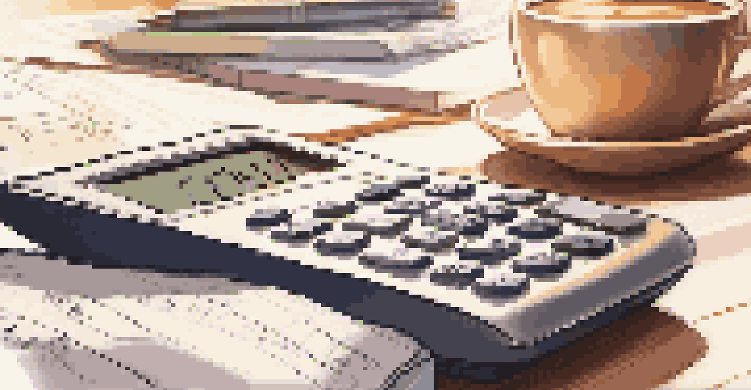 A hand holding a calculator with budgeting notes and a coffee cup, set in a warm, inviting workspace filled with natural light.