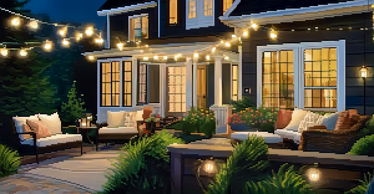 A cozy outdoor seating area with stylish porch lights and fairy lights among lush greenery during twilight.