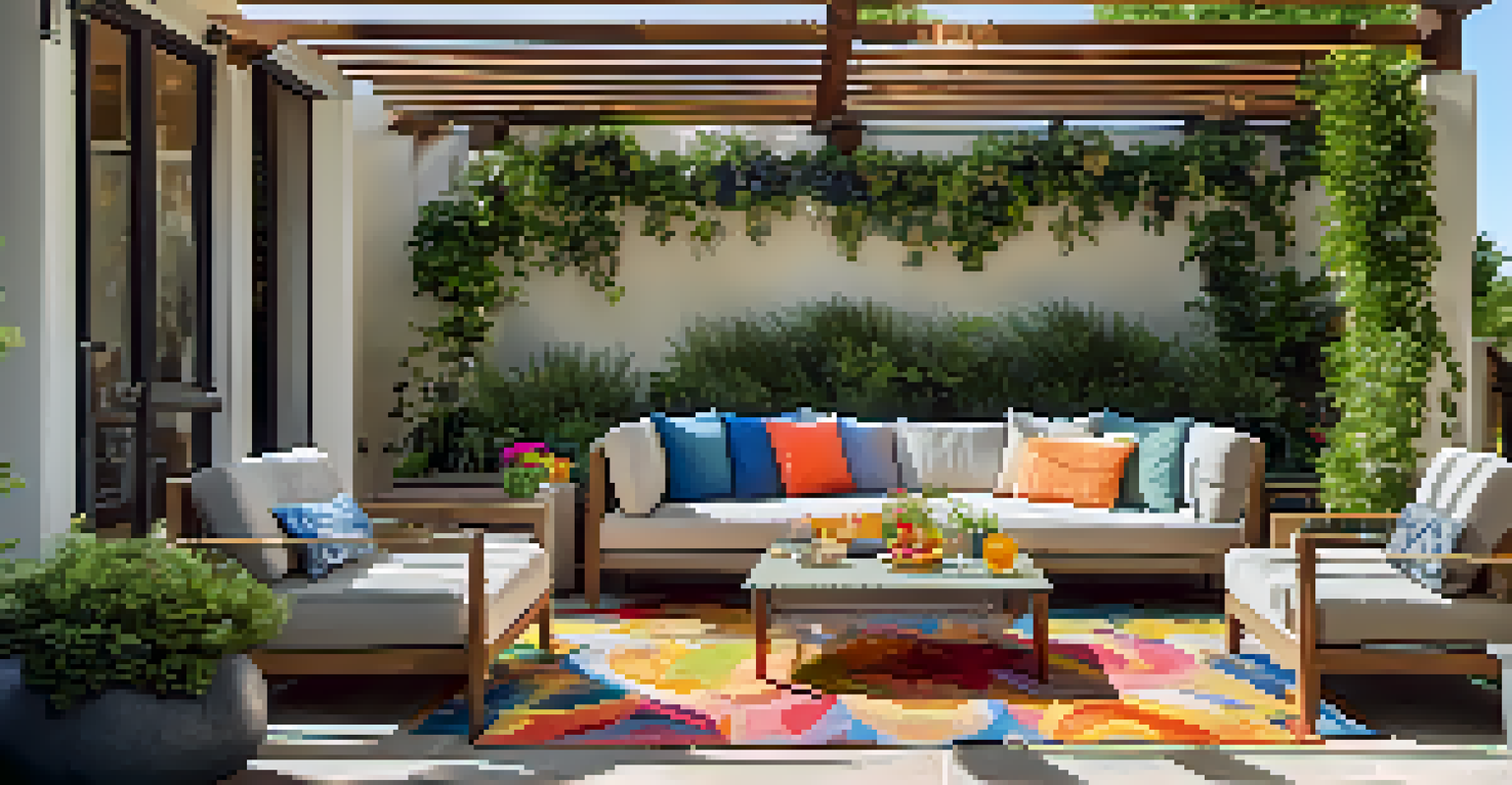 A colorful outdoor lounge with a sectional sofa and decorative pillows under a pergola, surrounded by lush greenery.