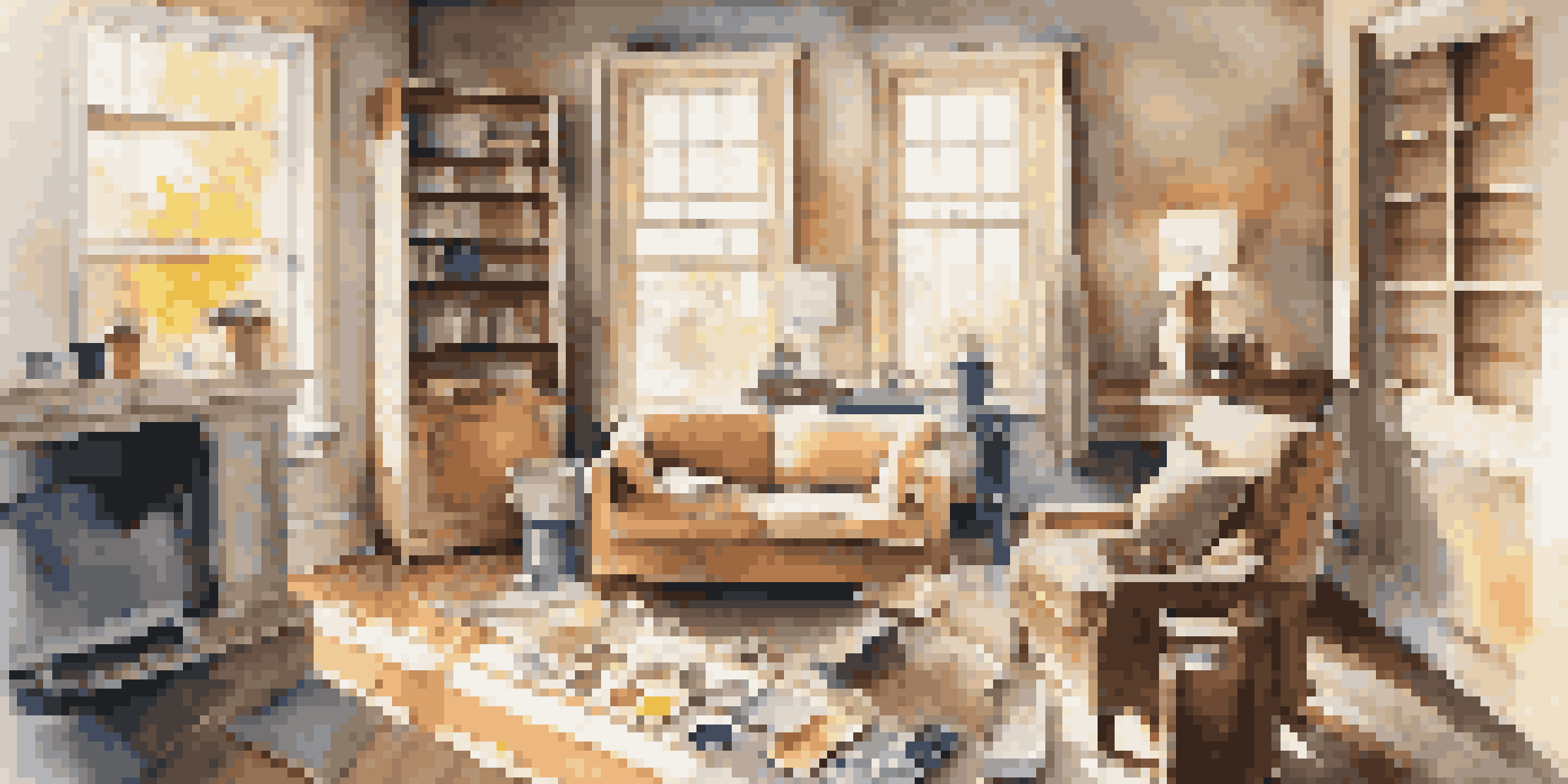 A living room in the middle of renovation, featuring a contractor measuring walls and paint swatches on a table, illuminated by soft afternoon light.