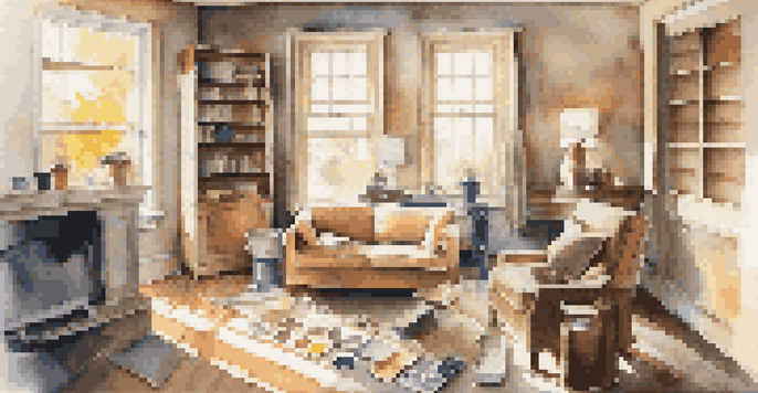 A living room in the middle of renovation, featuring a contractor measuring walls and paint swatches on a table, illuminated by soft afternoon light.