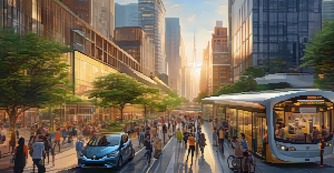 A colorful view of a modern smart city at sunset with advanced public transport and greenery.