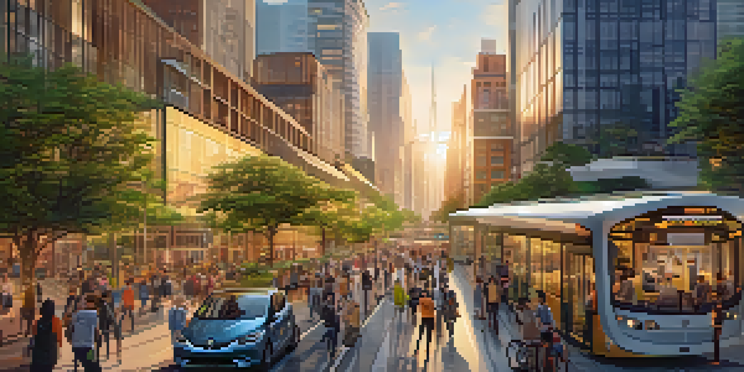 A colorful view of a modern smart city at sunset with advanced public transport and greenery.