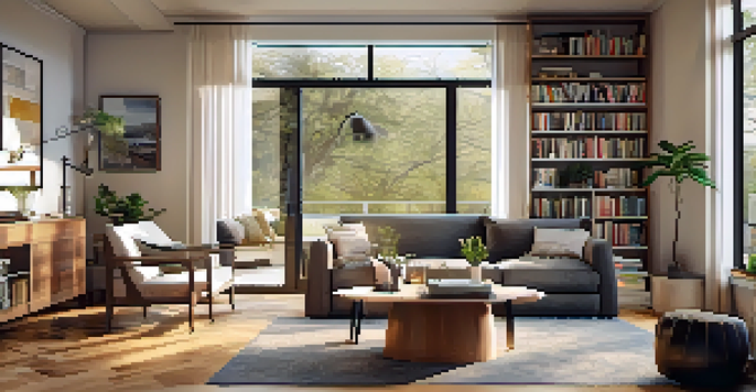 A cozy open concept living area with a bookshelf divider, natural light, and a modern dining setup.