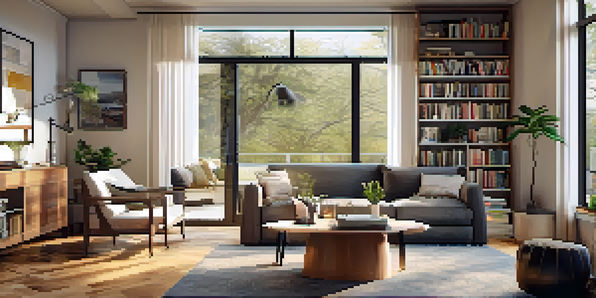 A cozy open concept living area with a bookshelf divider, natural light, and a modern dining setup.