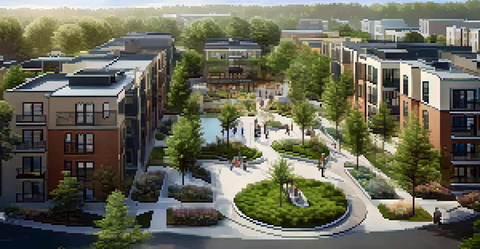 An aerial view of a mixed-use neighborhood with residential areas, shops, and green spaces, bustling with people.