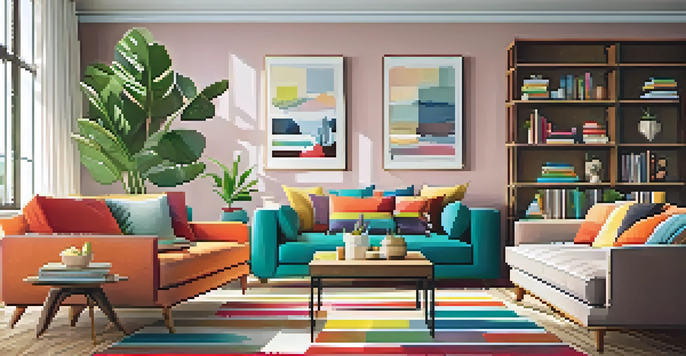 A warm and inviting living room with a bright accent wall, modern furniture, and natural light.