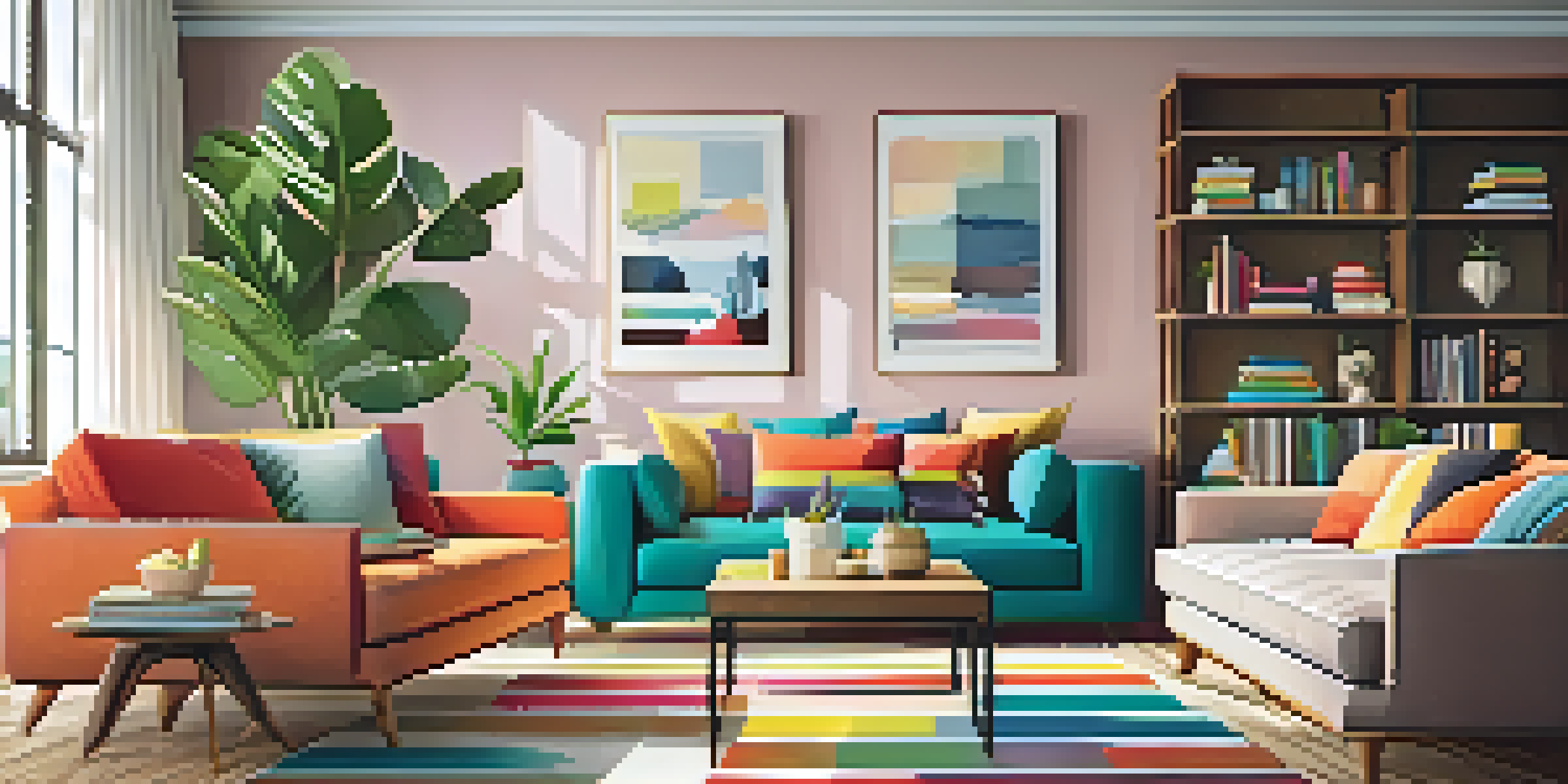 A warm and inviting living room with a bright accent wall, modern furniture, and natural light.