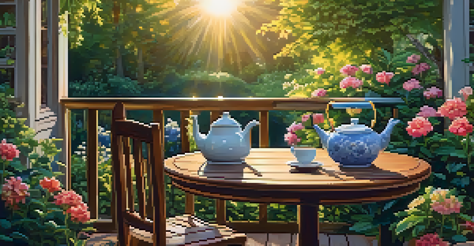 A peaceful outdoor garden with a wooden deck, colorful flowers, and a tea set for two under soft sunlight.