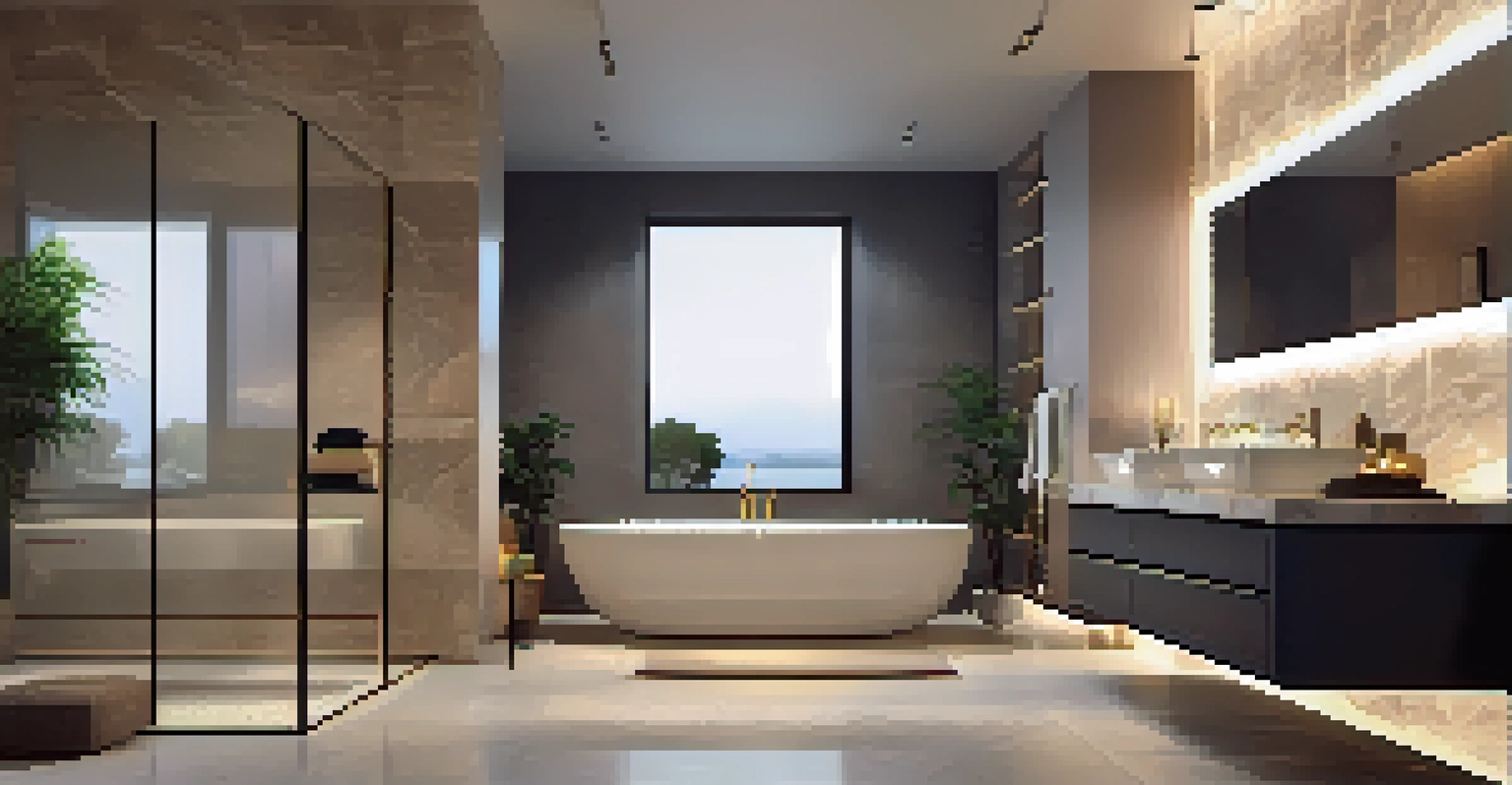 A tranquil bathroom with natural stone tiles, a modern bathtub, and soft lighting, creating a relaxing environment.