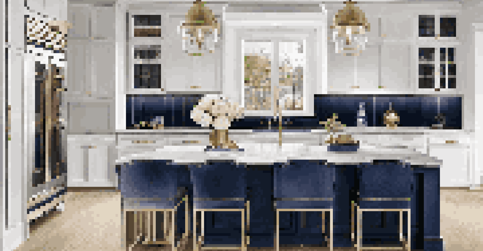 An elegant kitchen featuring a classic color palette of white and navy, with brass fixtures and a marble backsplash.