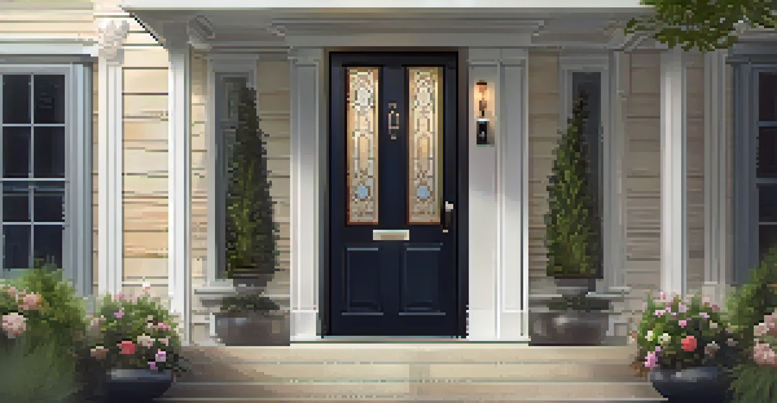 A front door featuring a smart lock and video doorbell, surrounded by floral decorations and enhanced by soft lighting.