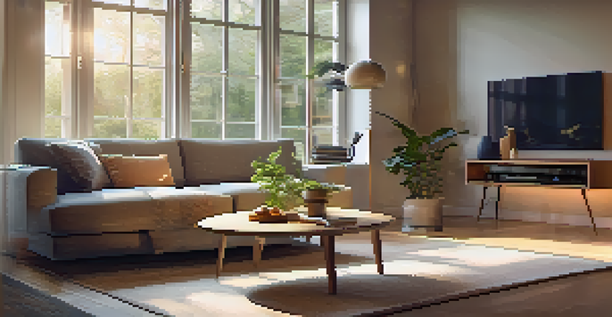 A cozy living room featuring a smart thermostat on the wall, illuminated by soft natural light, with a sofa and coffee table in the background.