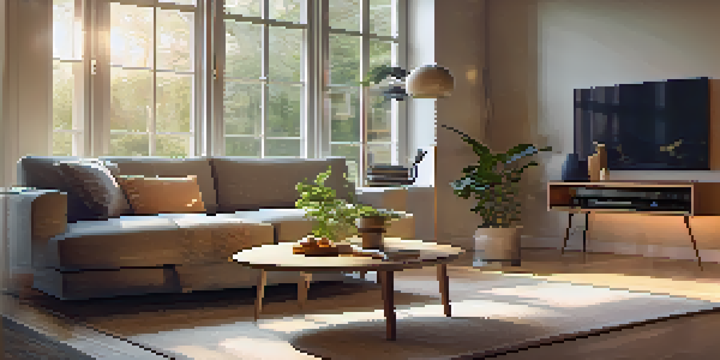 A cozy living room featuring a smart thermostat on the wall, illuminated by soft natural light, with a sofa and coffee table in the background.