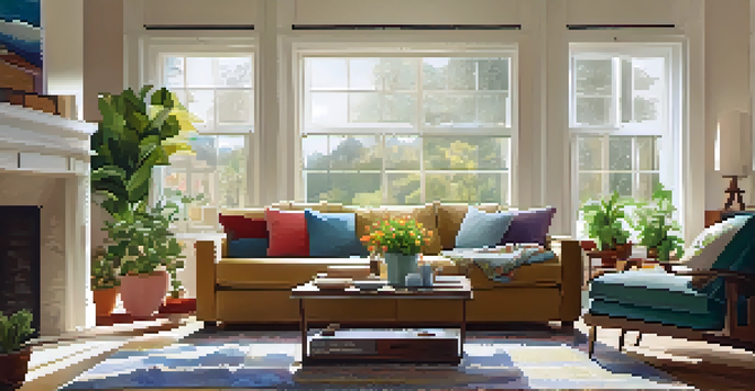 A bright and cozy living room with a sofa, coffee table, and potted plants.