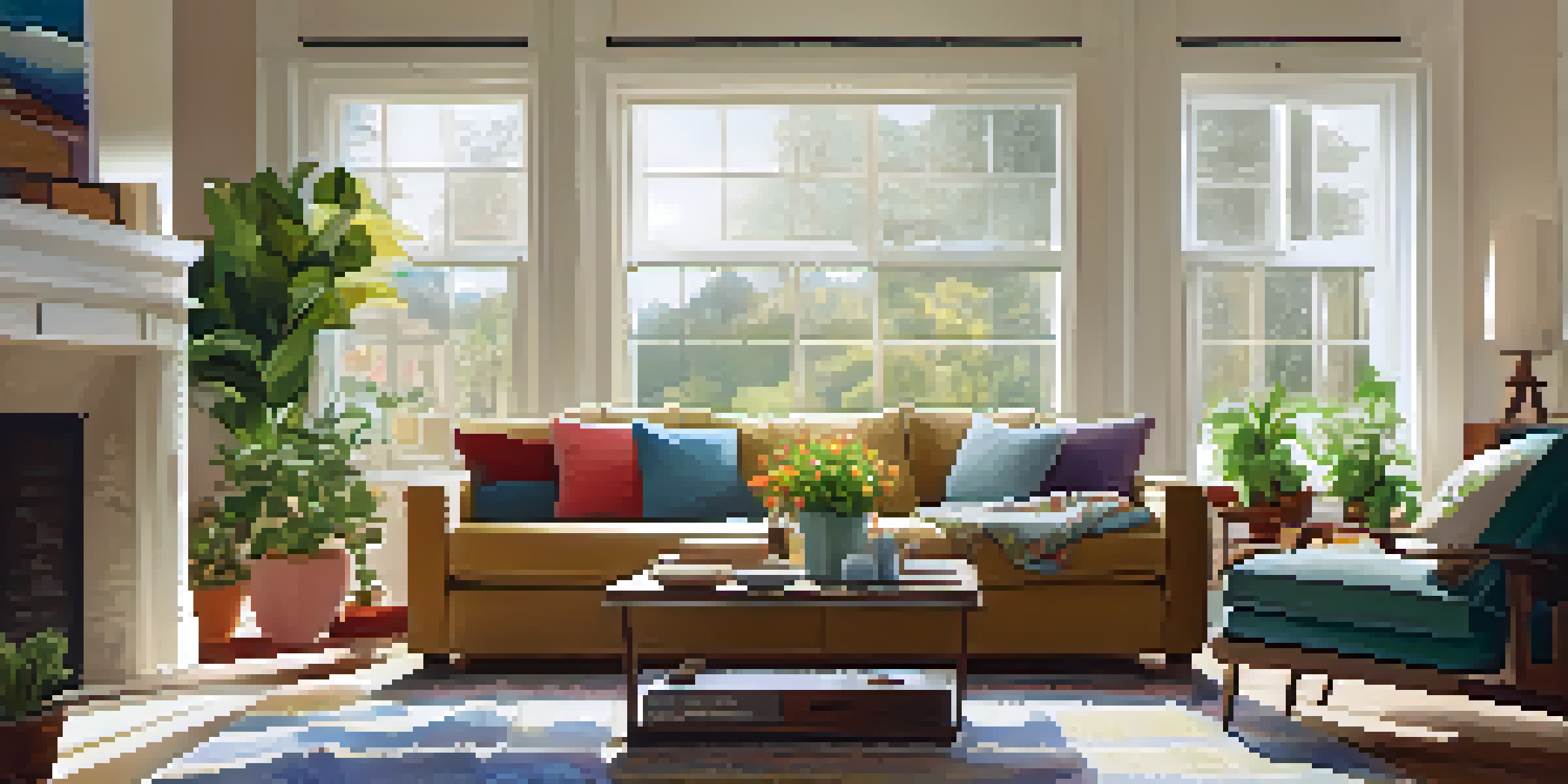 A bright and cozy living room with a sofa, coffee table, and potted plants.