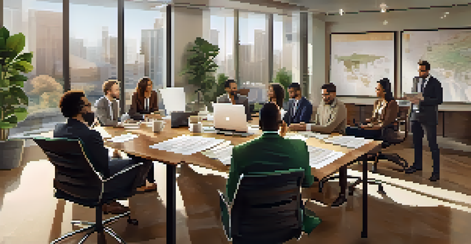 A diverse group of investors collaborating on real estate documents in a modern office.