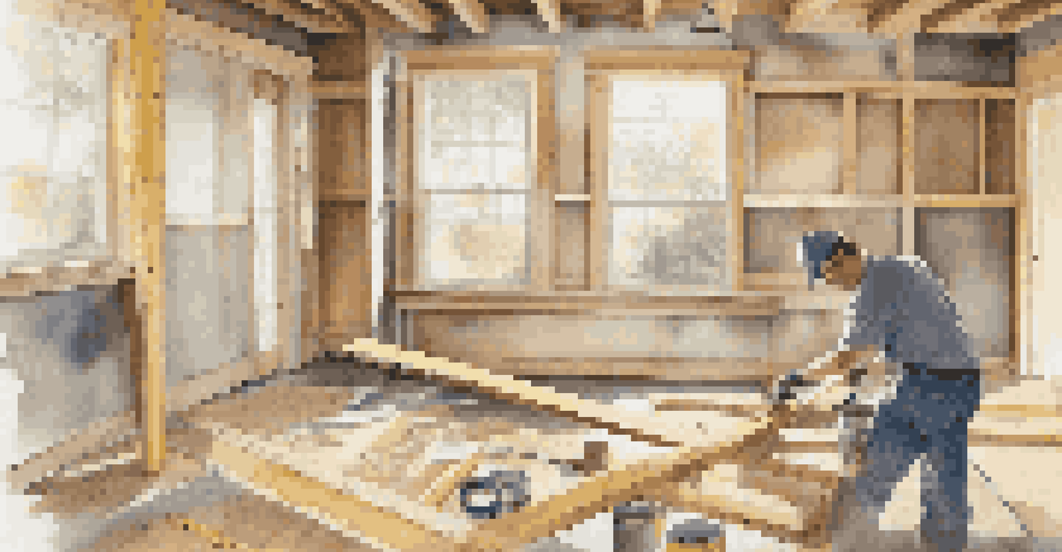 A contractor measuring wooden beams in a partially renovated room with tools around.