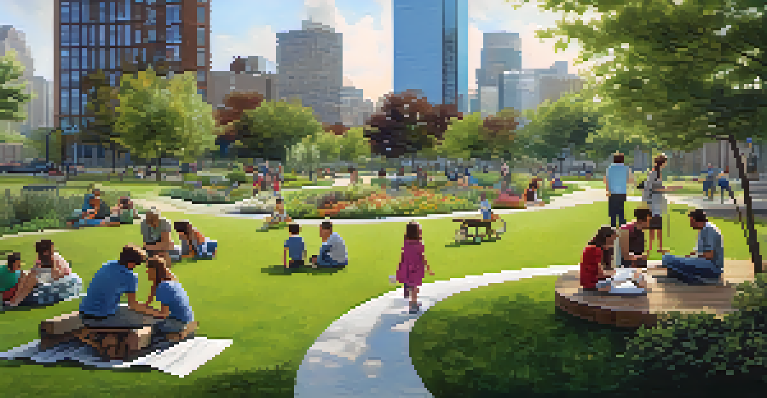 A peaceful urban park with eco-friendly features, families picnicking, and children playing, against a backdrop of skyscrapers.