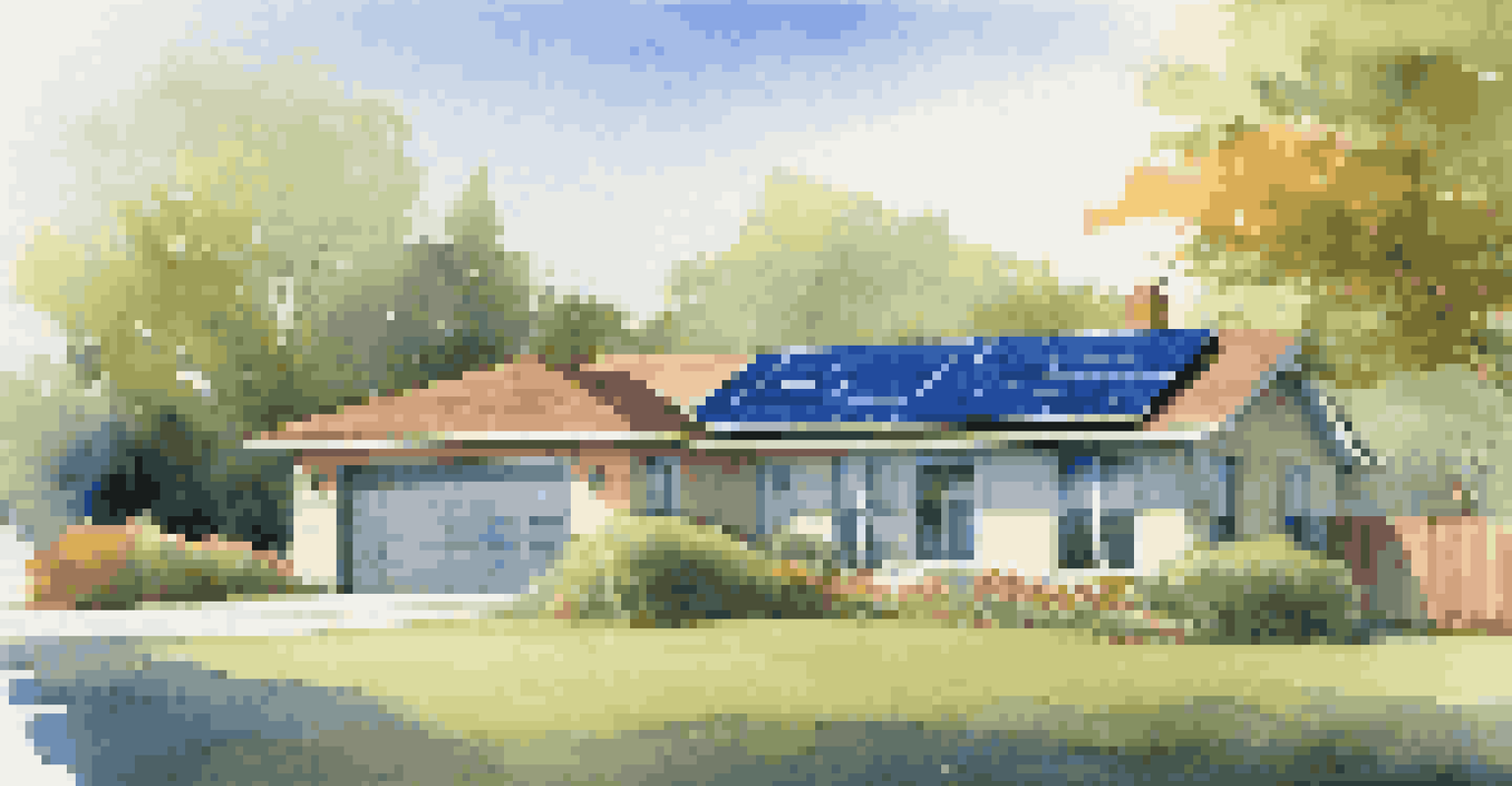 A suburban home with solar panels on the roof and a battery storage unit in the garden, set against a backdrop of greenery and a clear blue sky.