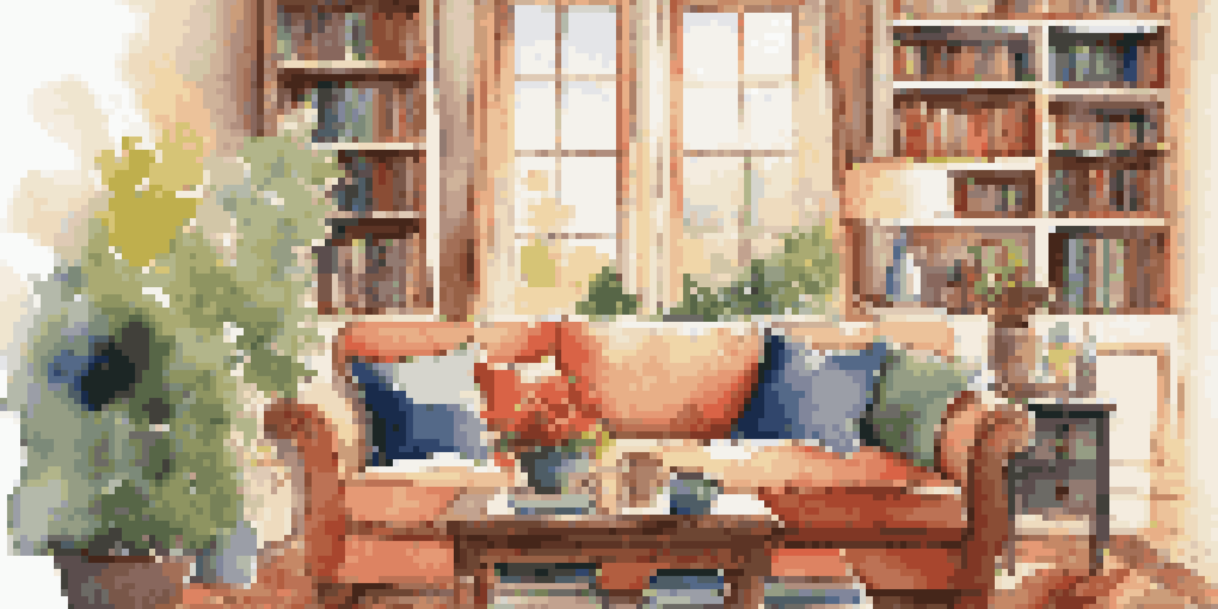 A cozy living room with a couch, coffee table, and large window showing a garden.