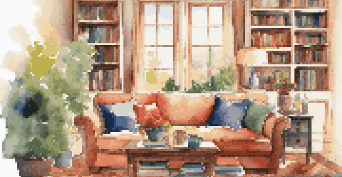 A cozy living room with a couch, coffee table, and large window showing a garden.