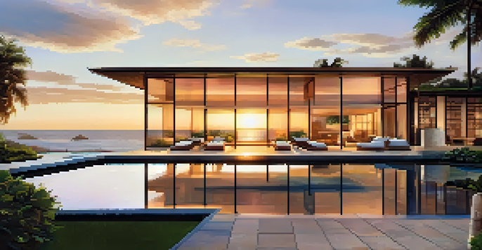 A luxurious waterfront property with modern architecture, large glass windows reflecting the sunset, lush landscaping, and a swimming pool.