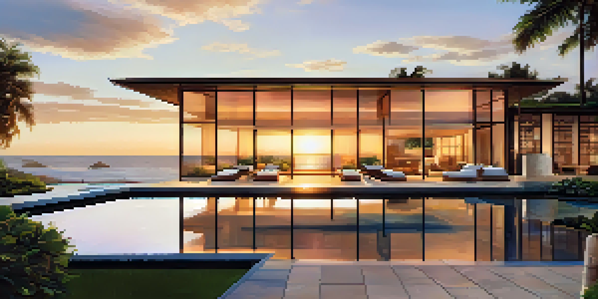 A luxurious waterfront property with modern architecture, large glass windows reflecting the sunset, lush landscaping, and a swimming pool.