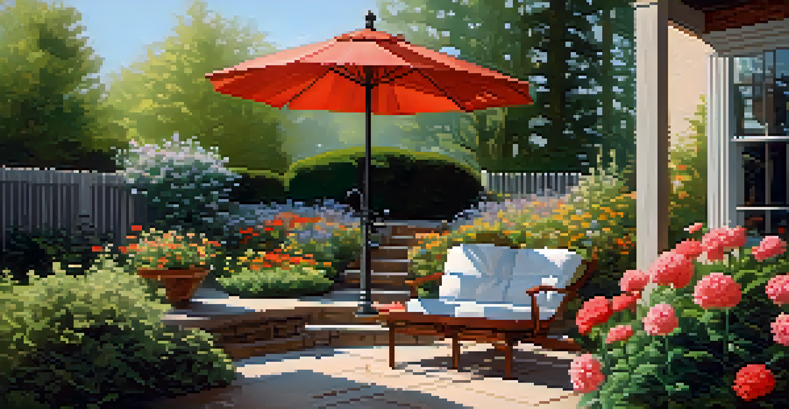 A beautifully landscaped backyard with a vibrant garden, wooden fence, and a seating area under an umbrella in soft afternoon light.