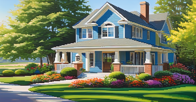 A beautiful home with vibrant landscaping, fresh paint, and a clear blue sky.