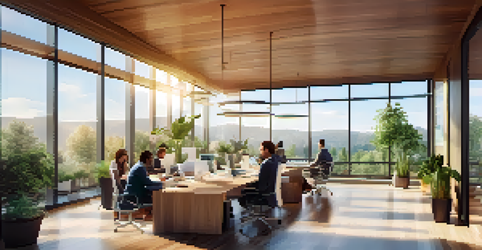 A modern real estate crowdfunding office with investors discussing around a table, surrounded by plants and natural light.