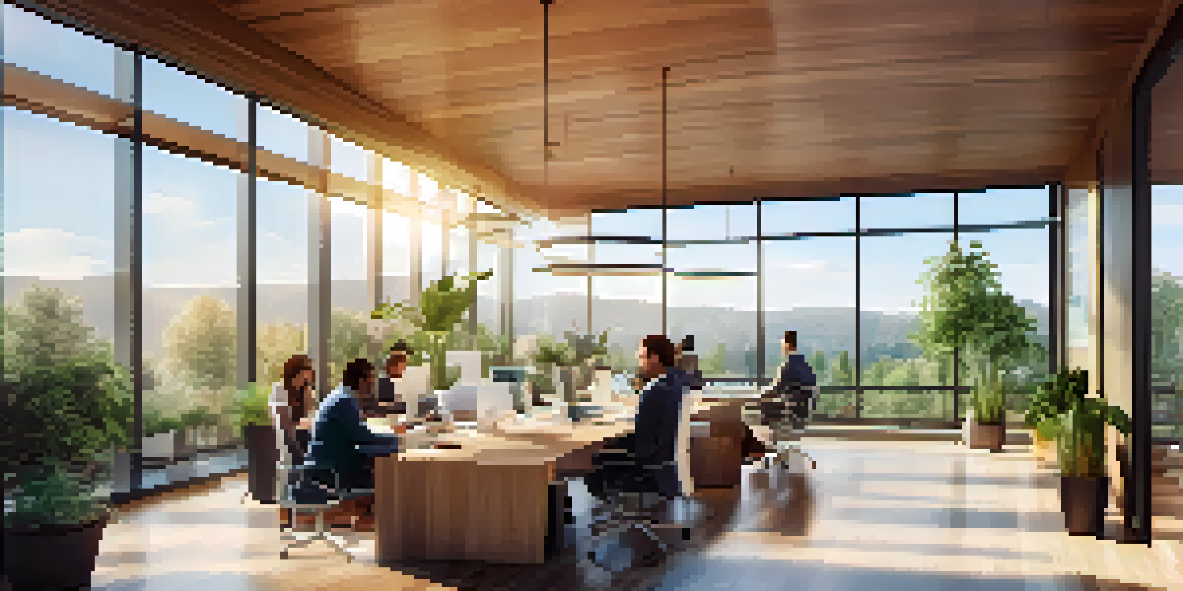 A modern real estate crowdfunding office with investors discussing around a table, surrounded by plants and natural light.