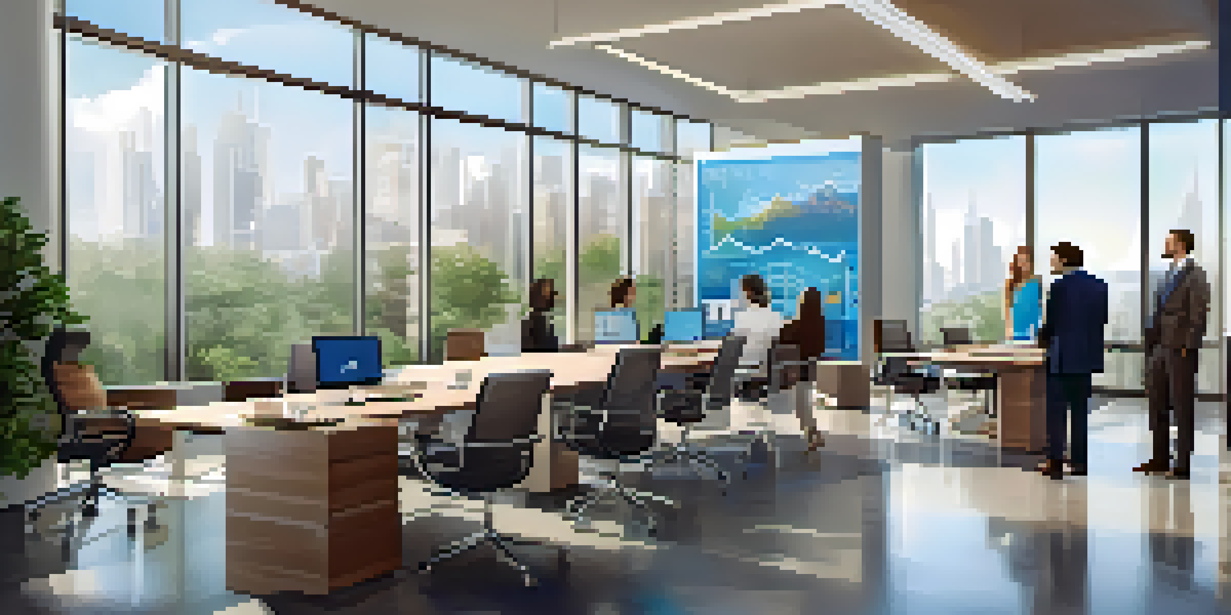 A diverse group of professionals in a modern office discussing real estate investments.